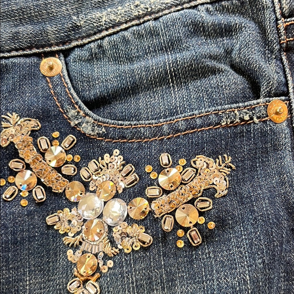 Escada Blue Flare Wide Leg Jeans with Chic Embroidery - Picture 5 of 11